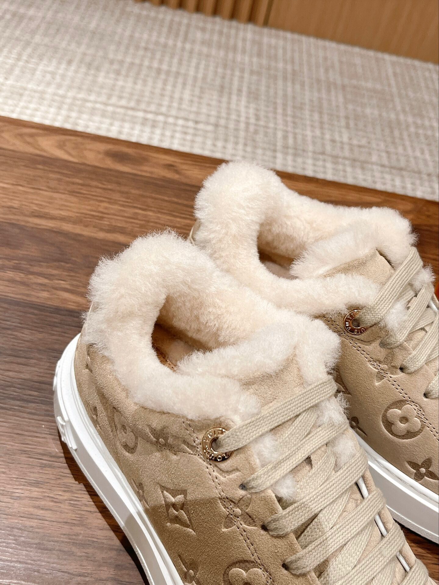 LV Monogram Suede Shearling Sneakers - Beige Luxury Winter Shoes