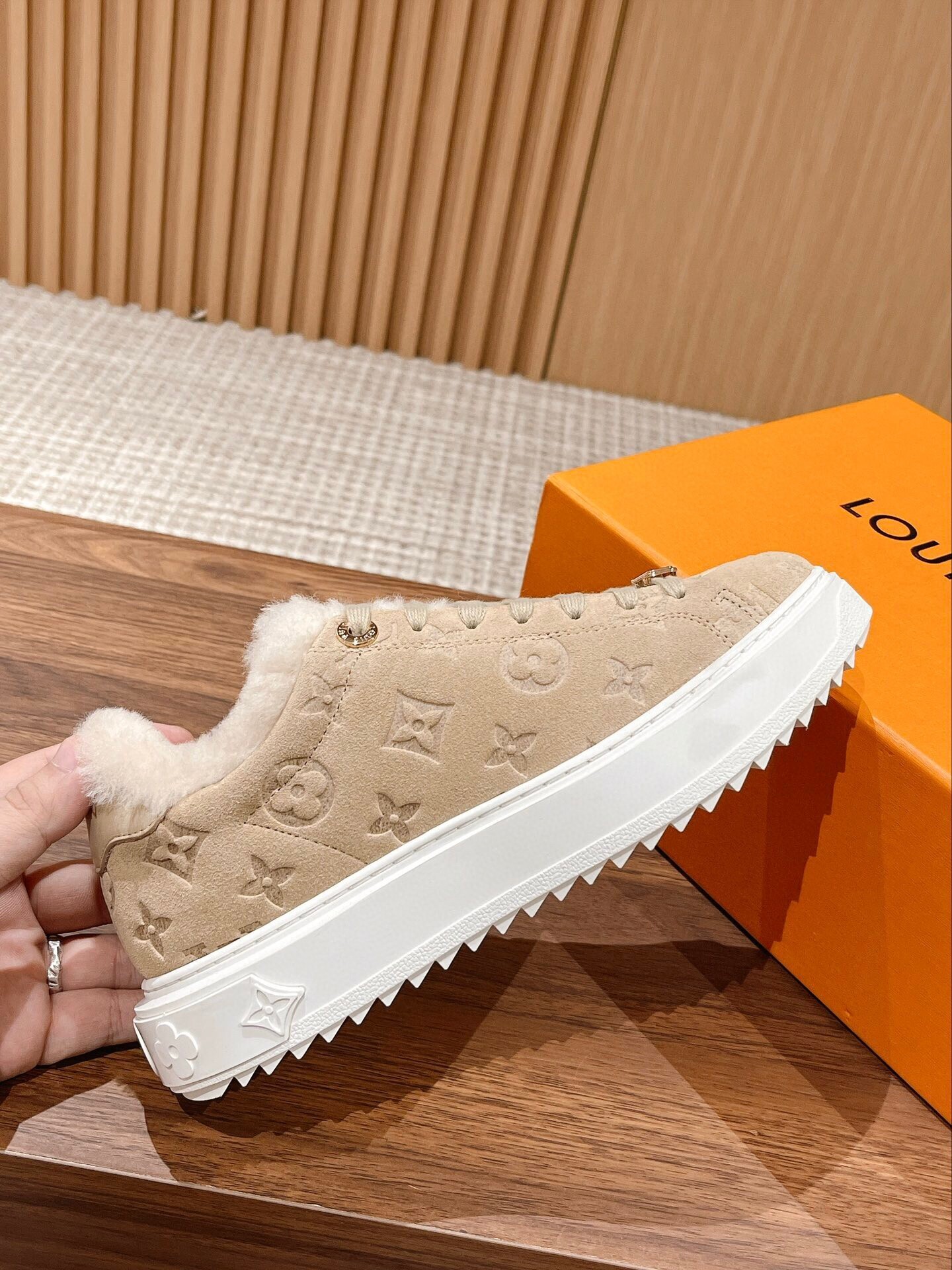LV Monogram Suede Shearling Sneakers - Beige Luxury Winter Shoes
