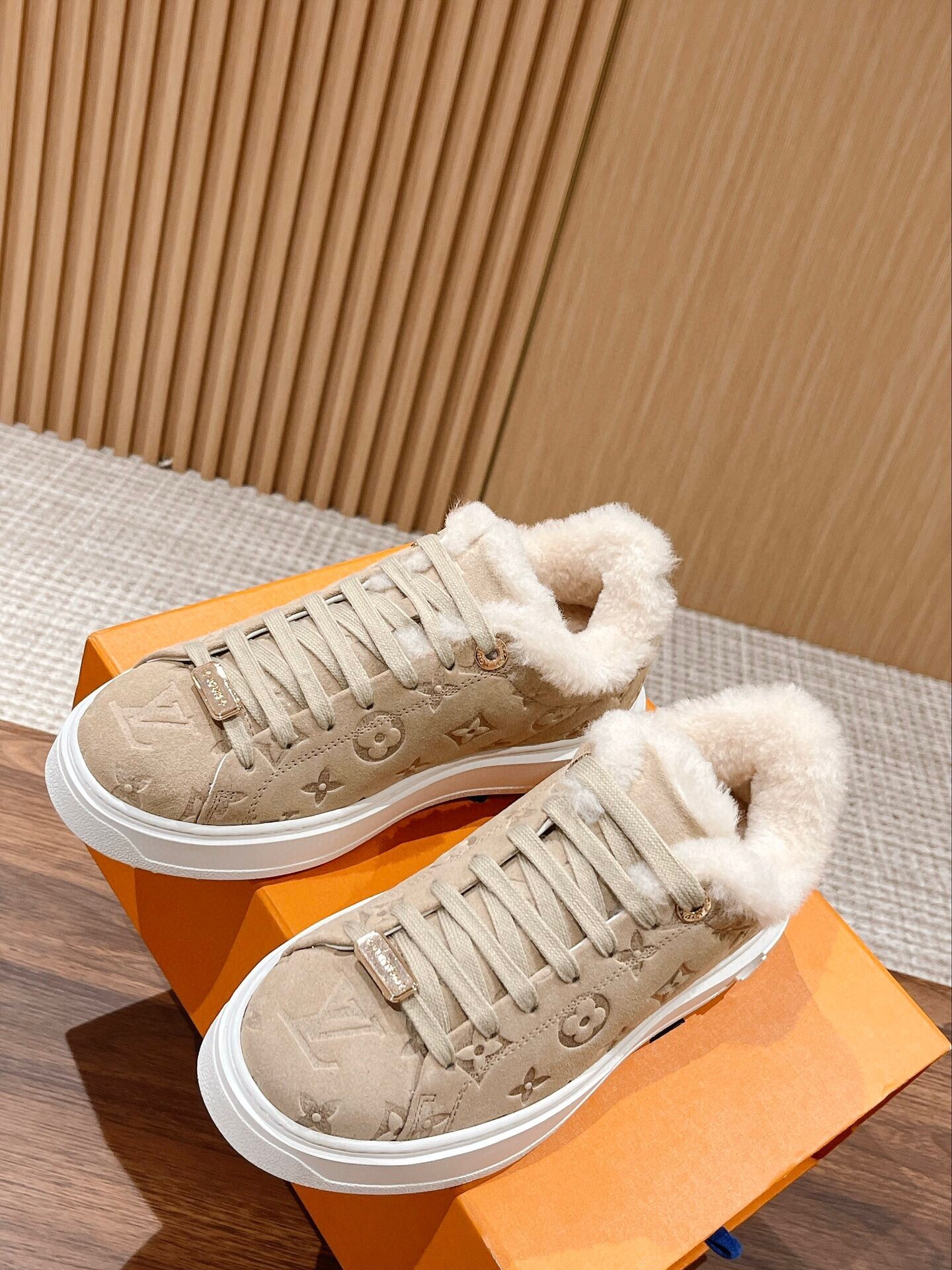 LV Monogram Suede Shearling Sneakers - Beige Luxury Winter Shoes