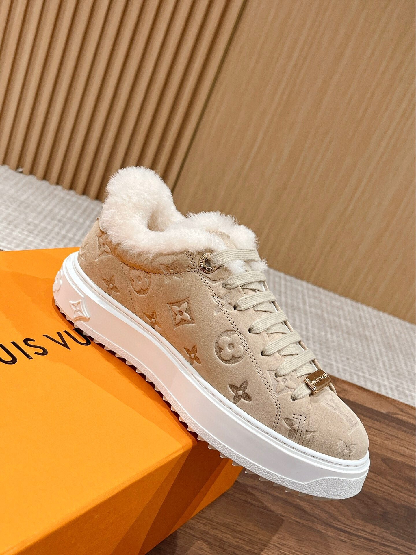 LV Monogram Suede Shearling Sneakers - Beige Luxury Winter Shoes