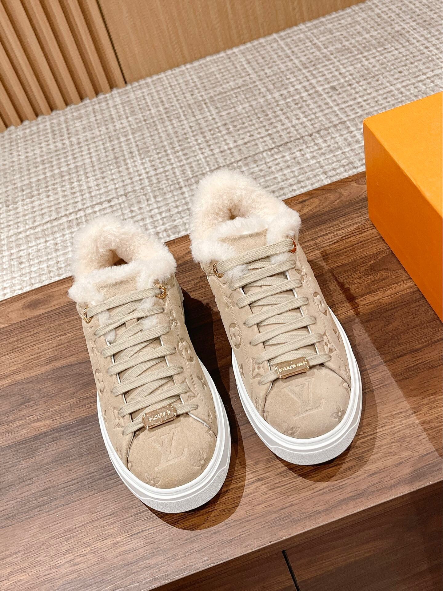 LV Monogram Suede Shearling Sneakers – Beige Luxury Winter Shoes