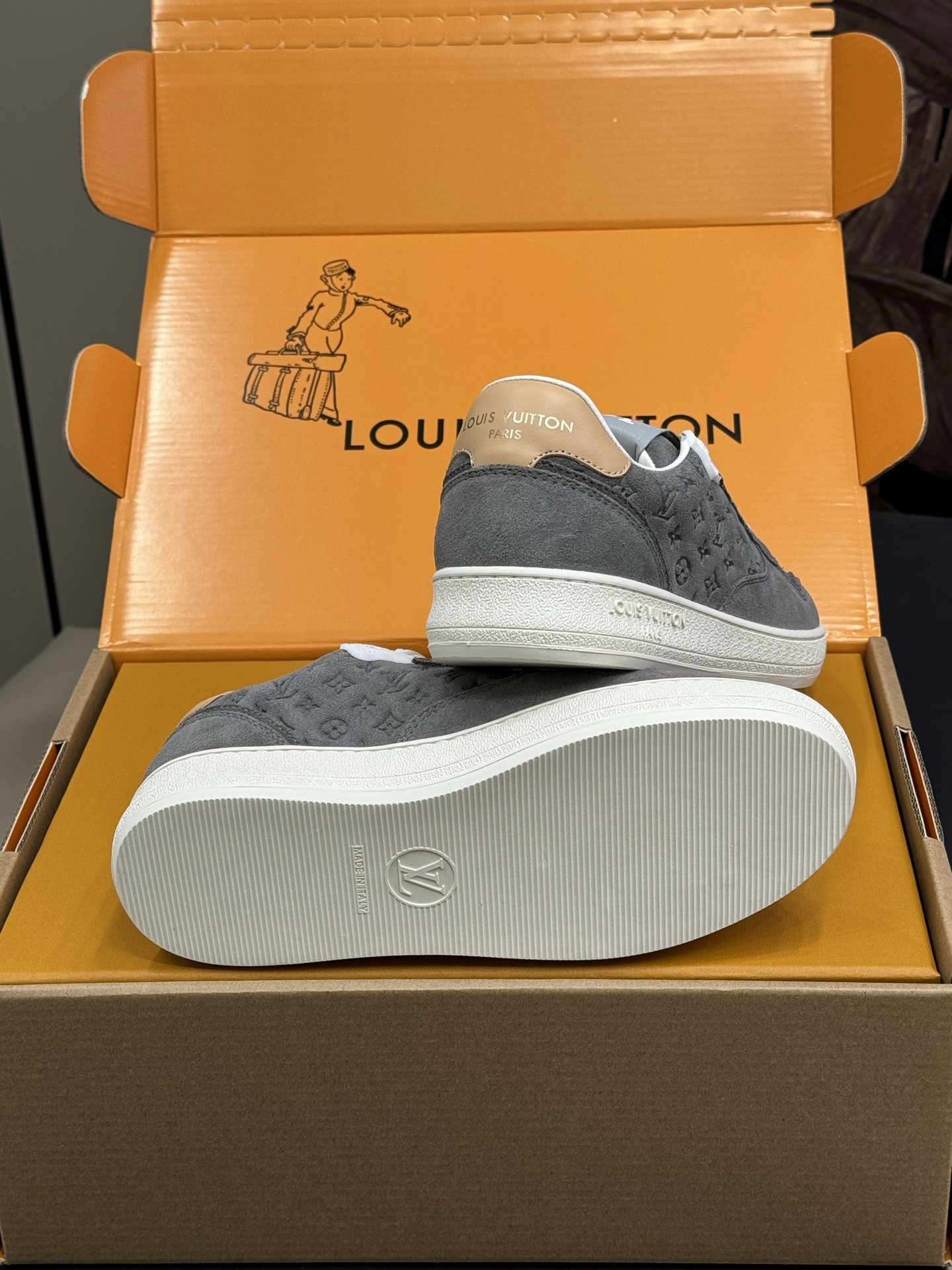 Louis Vuitton Gray Monogram Embossed Suede Luxury Sneakers