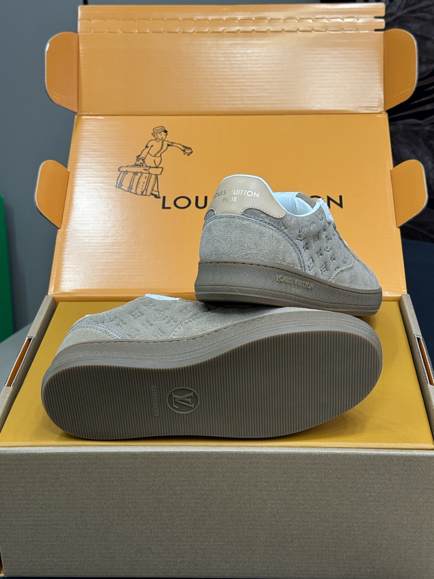 Louis Vuitton Men's Monogram Embossed Suede Sneakers - Beige