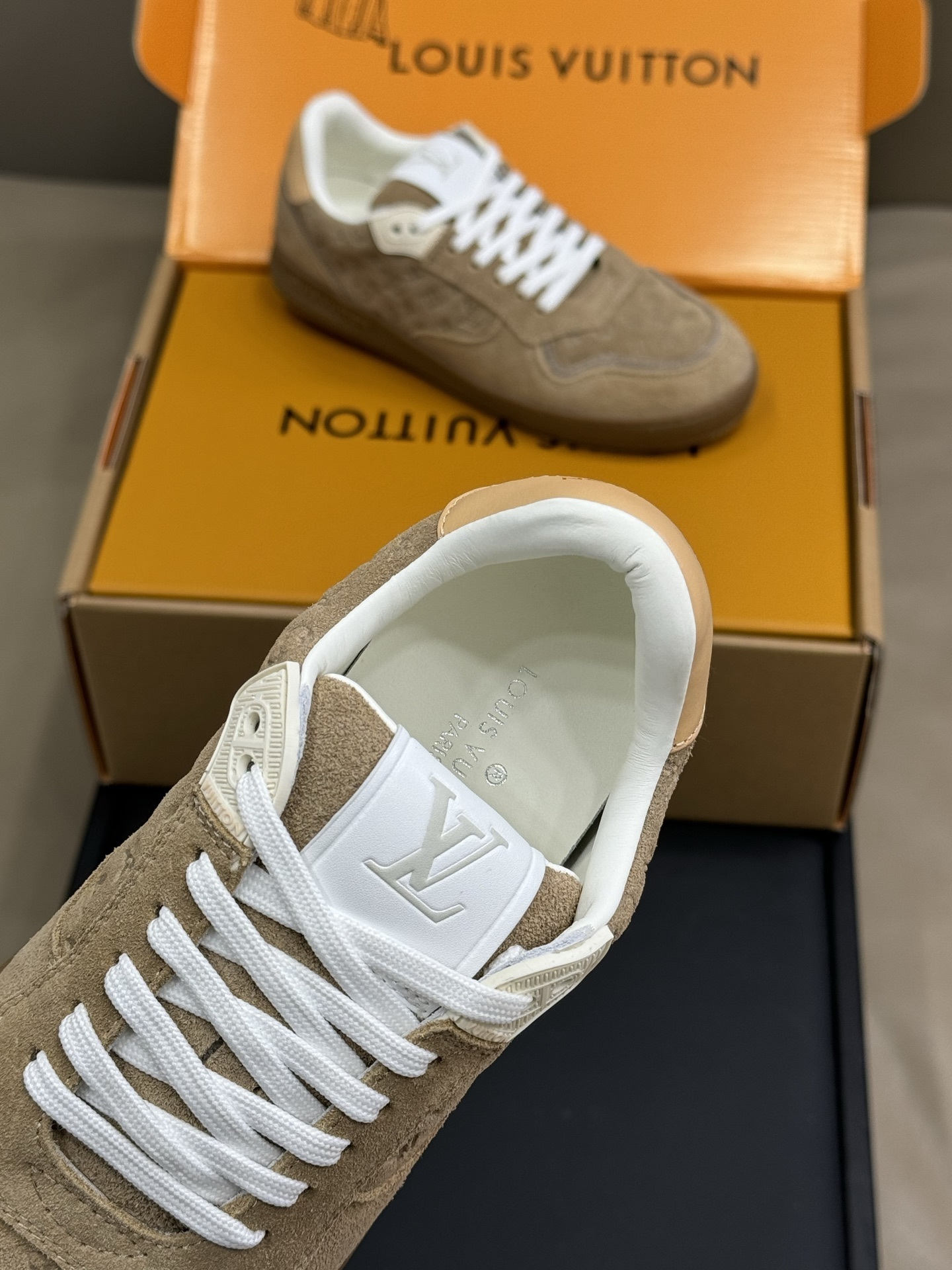 Louis Vuitton Men's Monogram Embossed Suede Sneakers - Beige