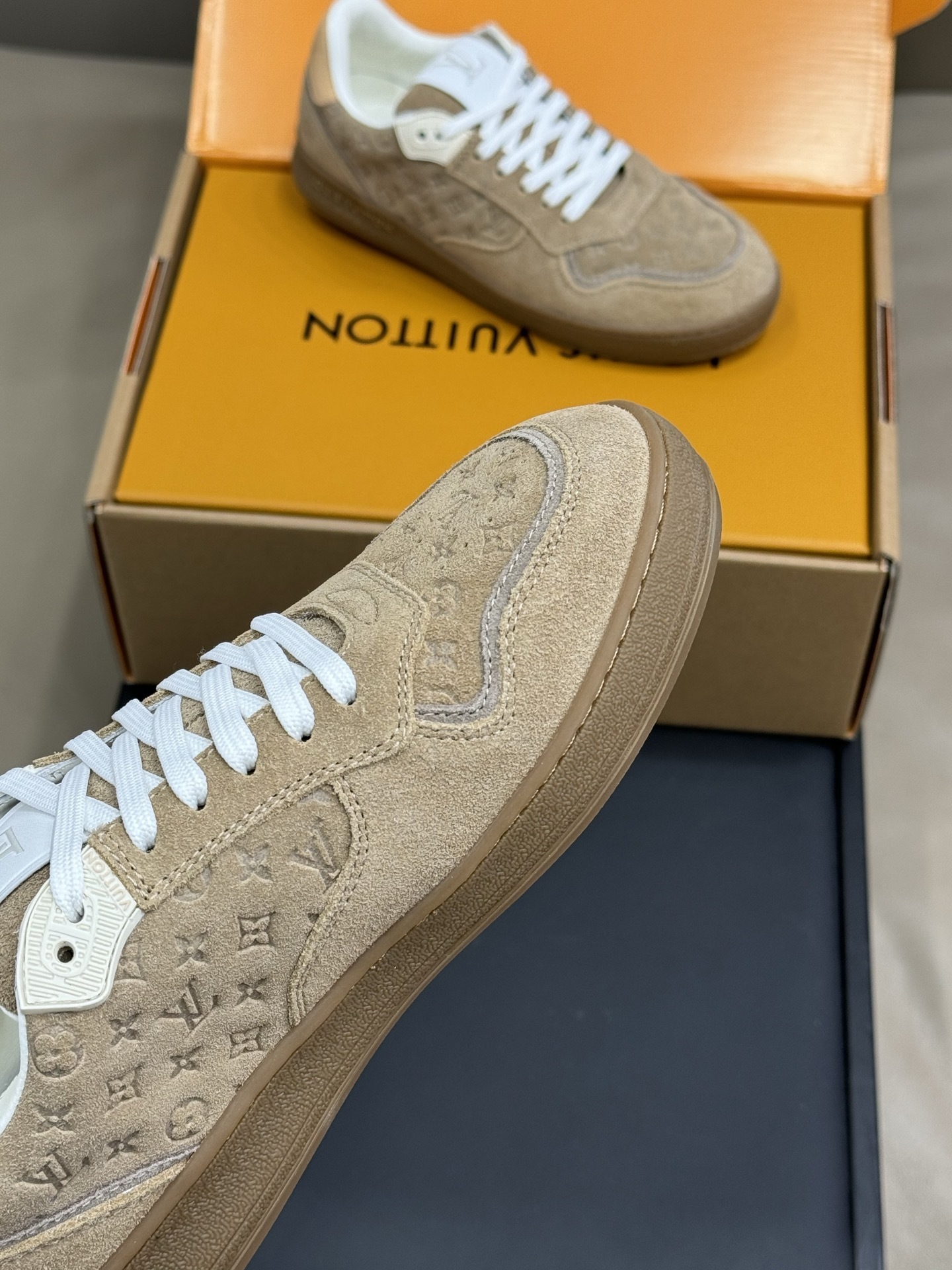 Louis Vuitton Men's Monogram Embossed Suede Sneakers - Beige