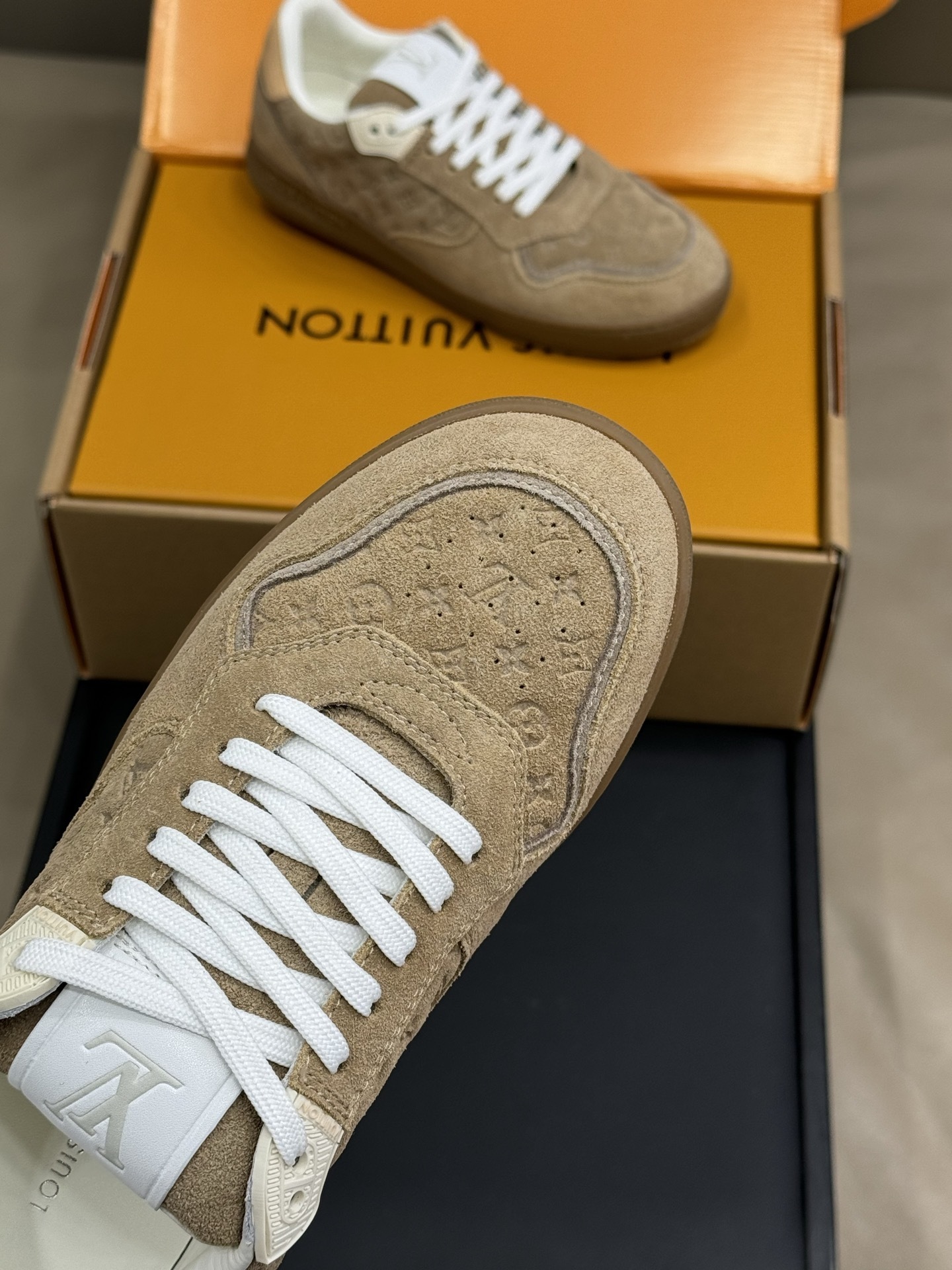 Louis Vuitton Men's Monogram Embossed Suede Sneakers - Beige