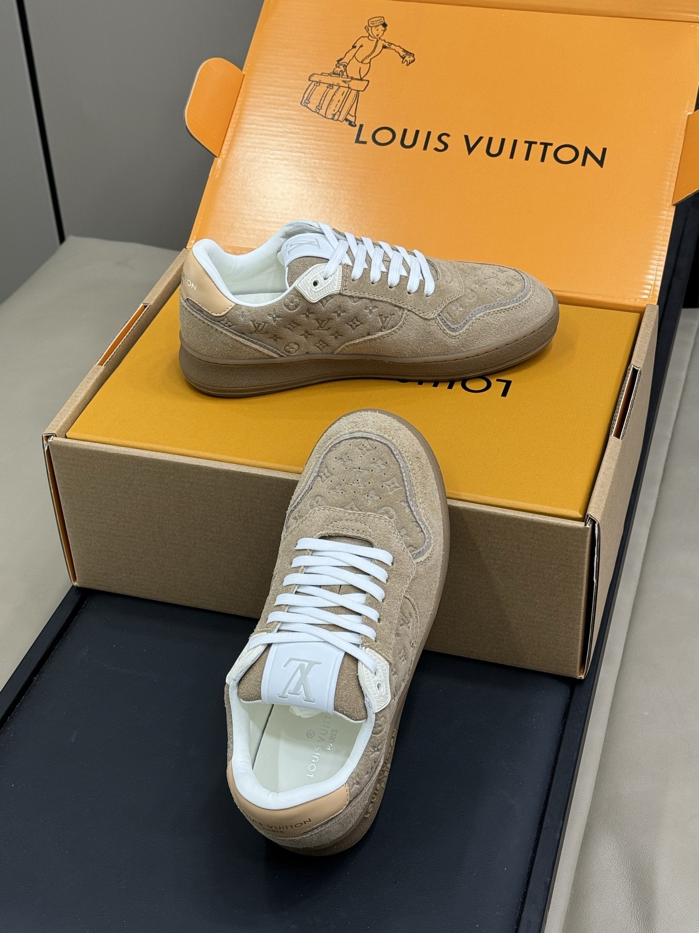 Louis Vuitton Men's Monogram Embossed Suede Sneakers - Beige
