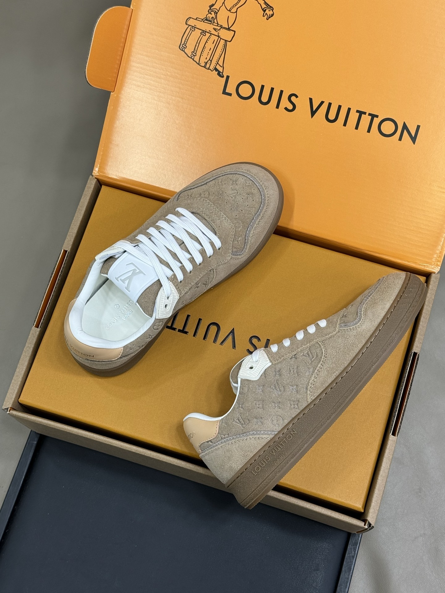 Louis Vuitton Men's Monogram Embossed Suede Sneakers - Beige