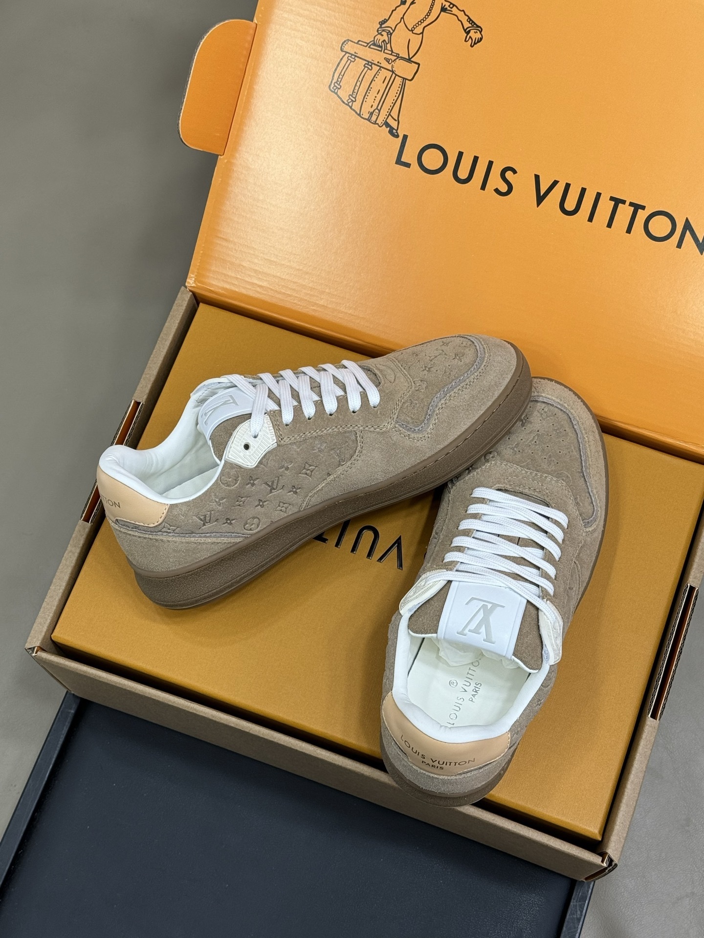 Louis Vuitton Men's Monogram Embossed Suede Sneakers - Beige