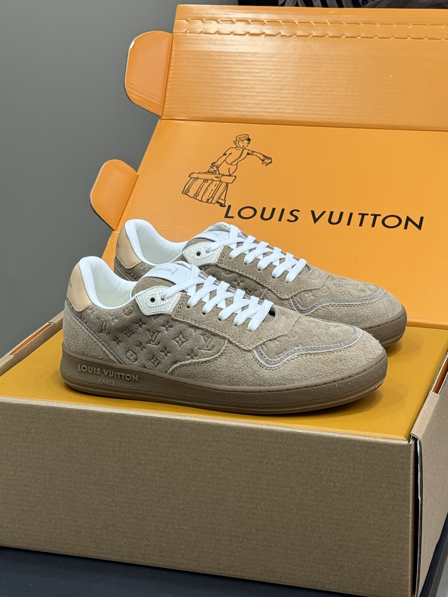 Louis Vuitton Men’s Monogram Embossed Suede Sneakers – Beige