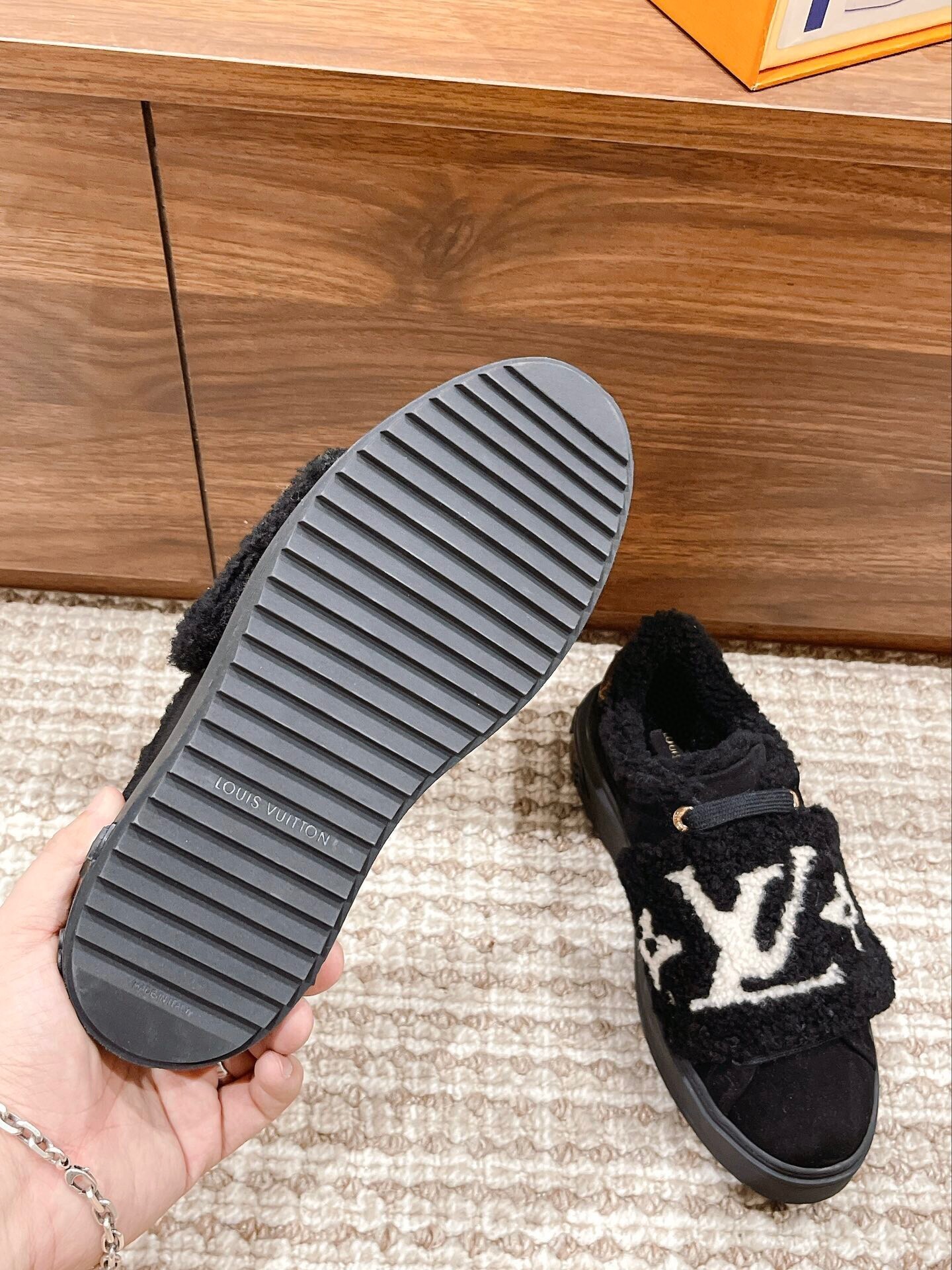 Louis Vuitton Black Suede Shearling Monogram Sneakers