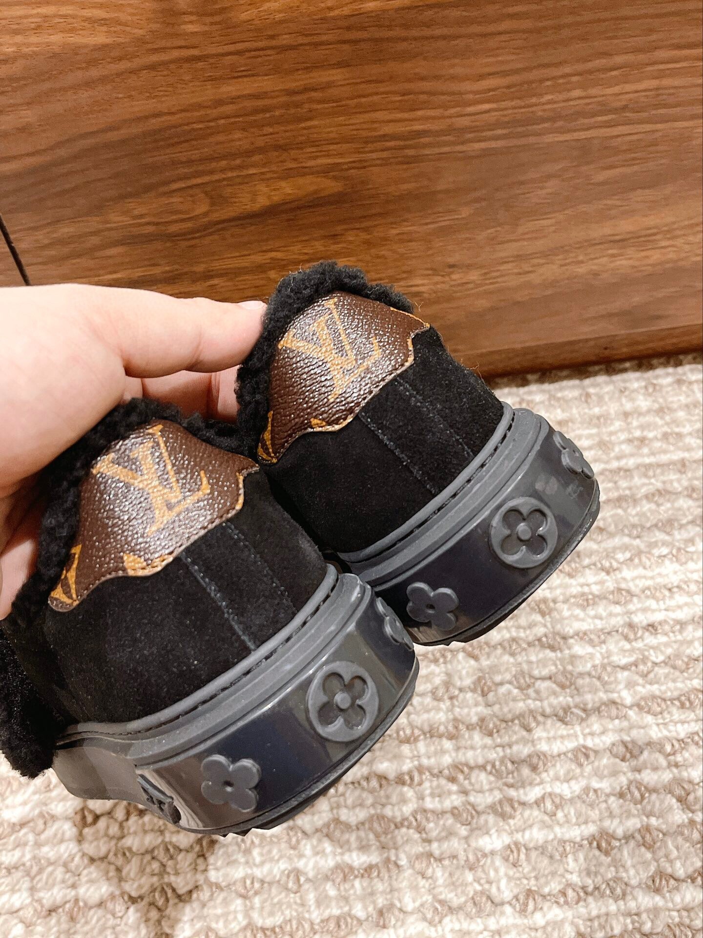 Louis Vuitton Black Suede Shearling Monogram Sneakers