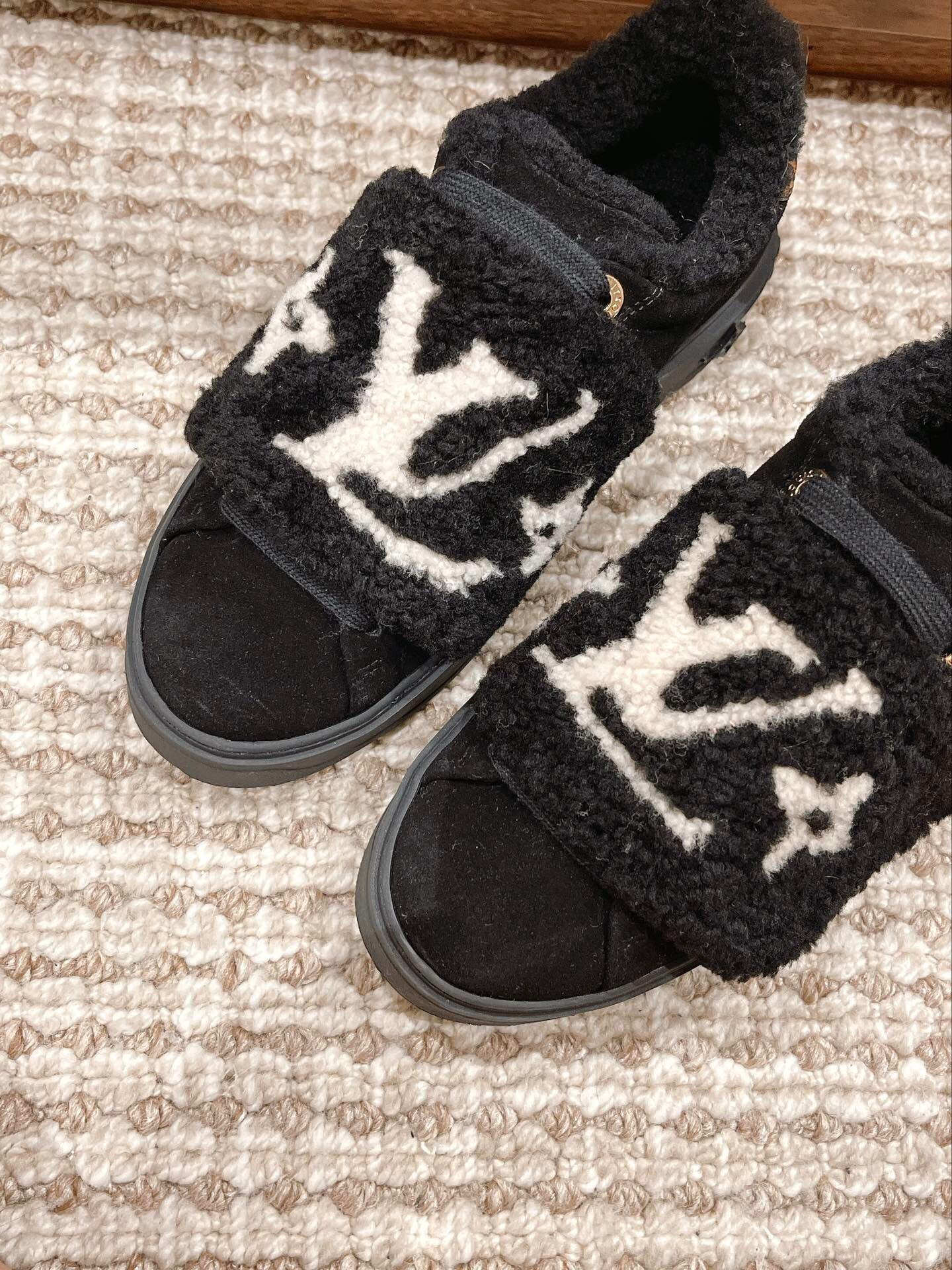 Louis Vuitton Black Suede Shearling Monogram Sneakers