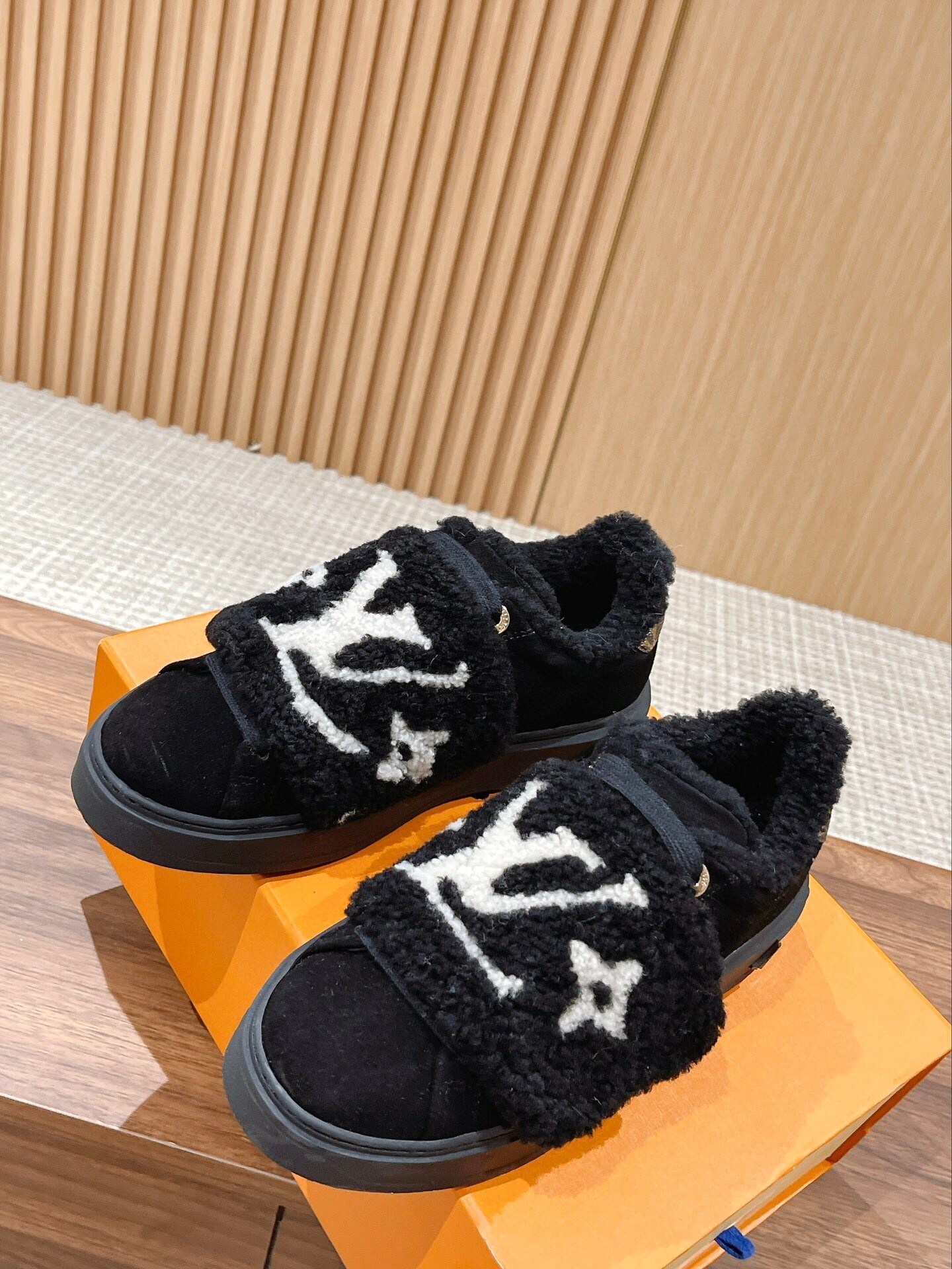 Louis Vuitton Black Suede Shearling Monogram Sneakers