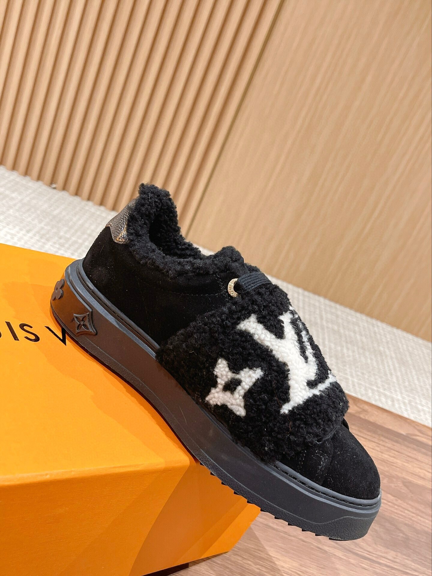 Louis Vuitton Black Suede Shearling Monogram Sneakers
