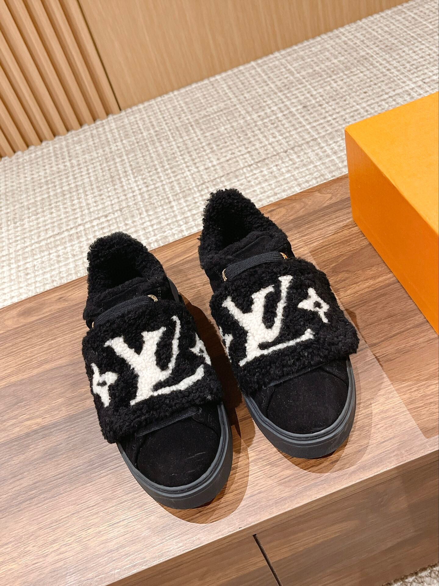 Louis Vuitton Black Suede Shearling Monogram Sneakers