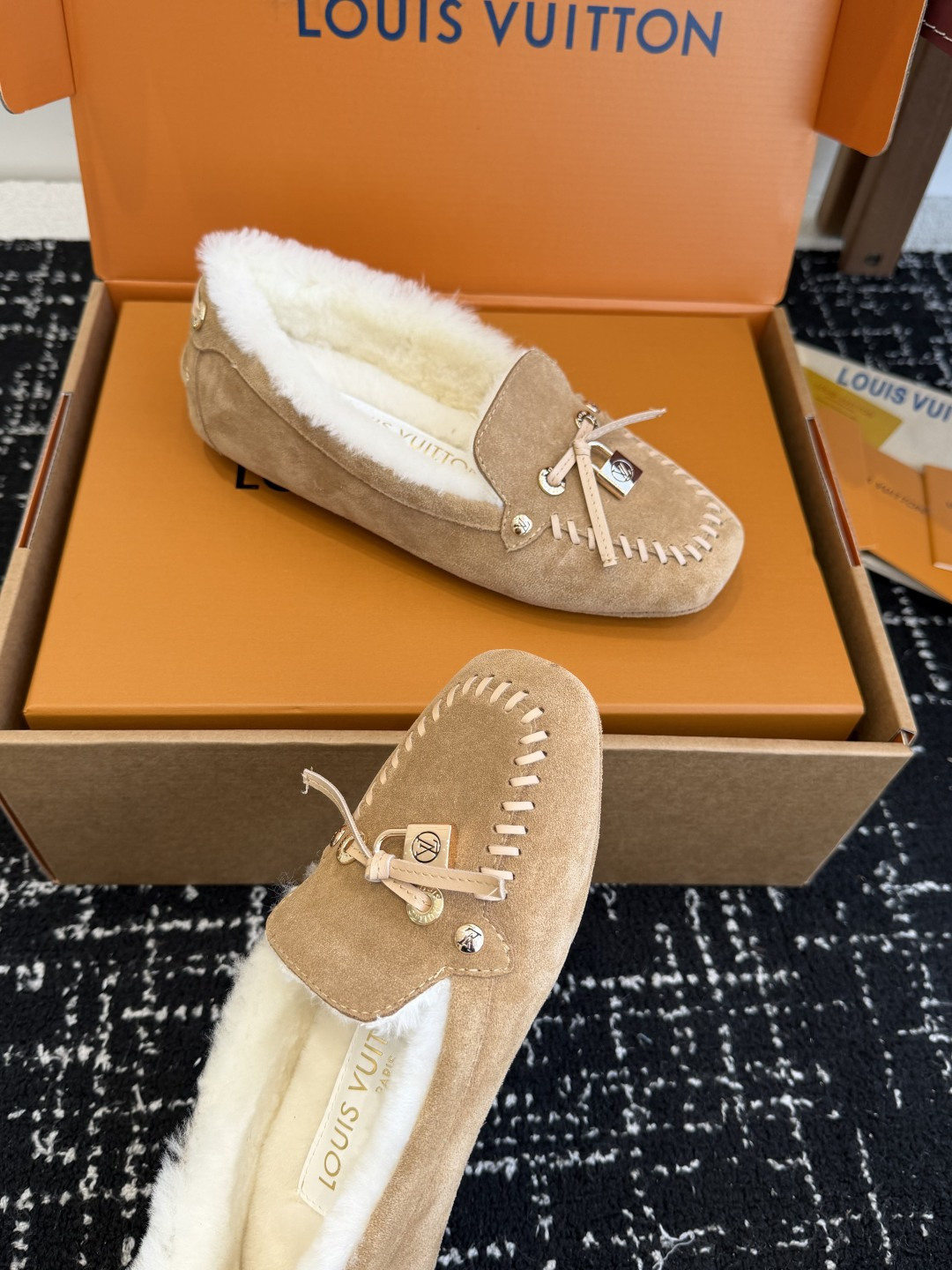 Louis Vuitton Women's Shearling-Lined Suede Moccasins - Beige