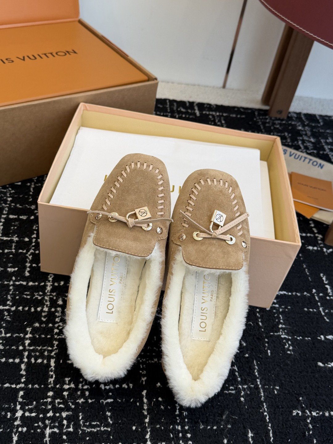 Louis Vuitton Women's Shearling-Lined Suede Moccasins - Beige