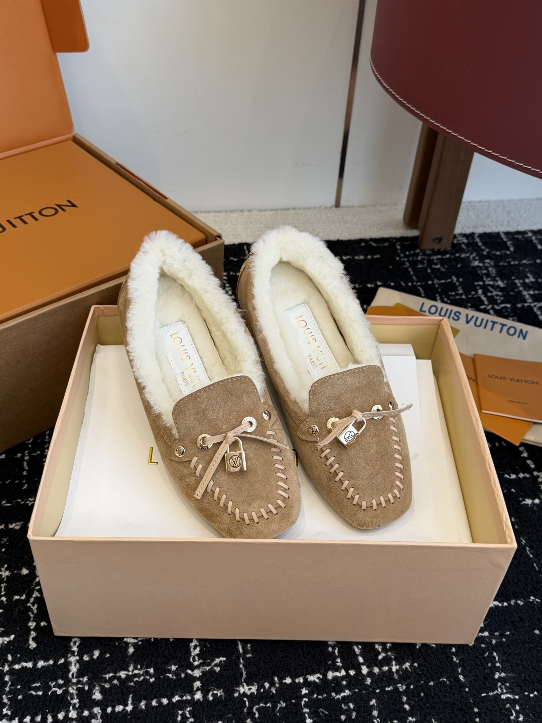 Louis Vuitton Women's Shearling-Lined Suede Moccasins - Beige