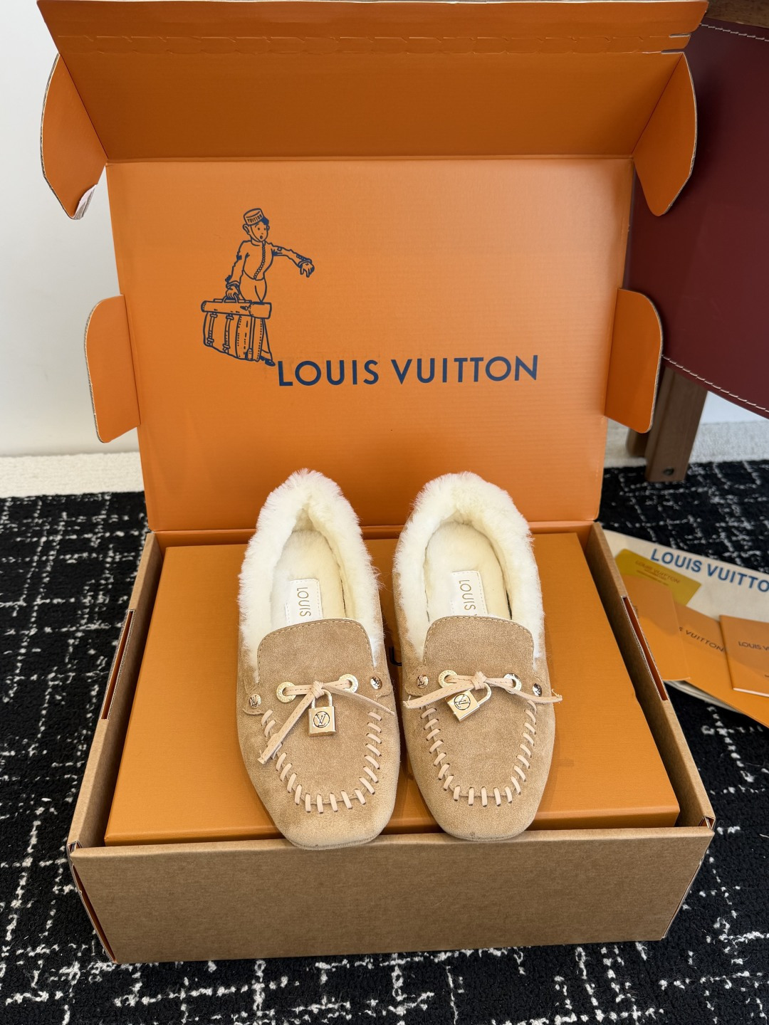 Louis Vuitton Women’s Shearling-Lined Suede Moccasins – Beige