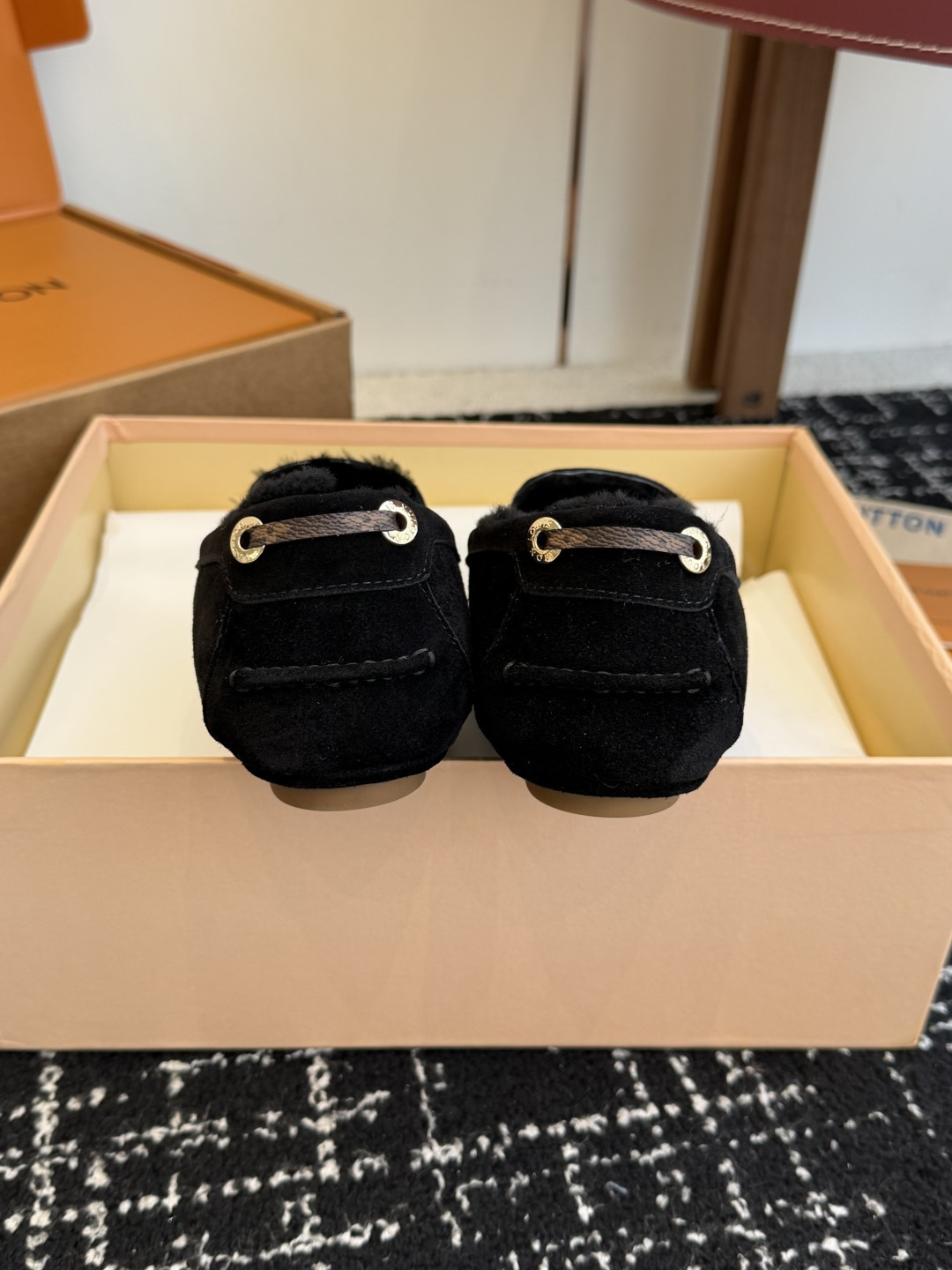 Louis Vuitton Black Suede Shearling Loafers with Gold Hardware