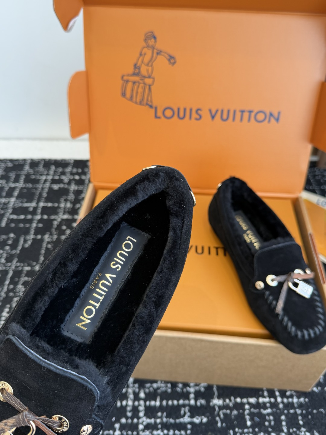 Louis Vuitton Black Suede Shearling Loafers with Gold Hardware