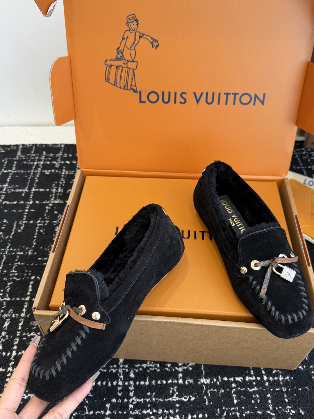 Louis Vuitton Black Suede Shearling Loafers with Gold Hardware