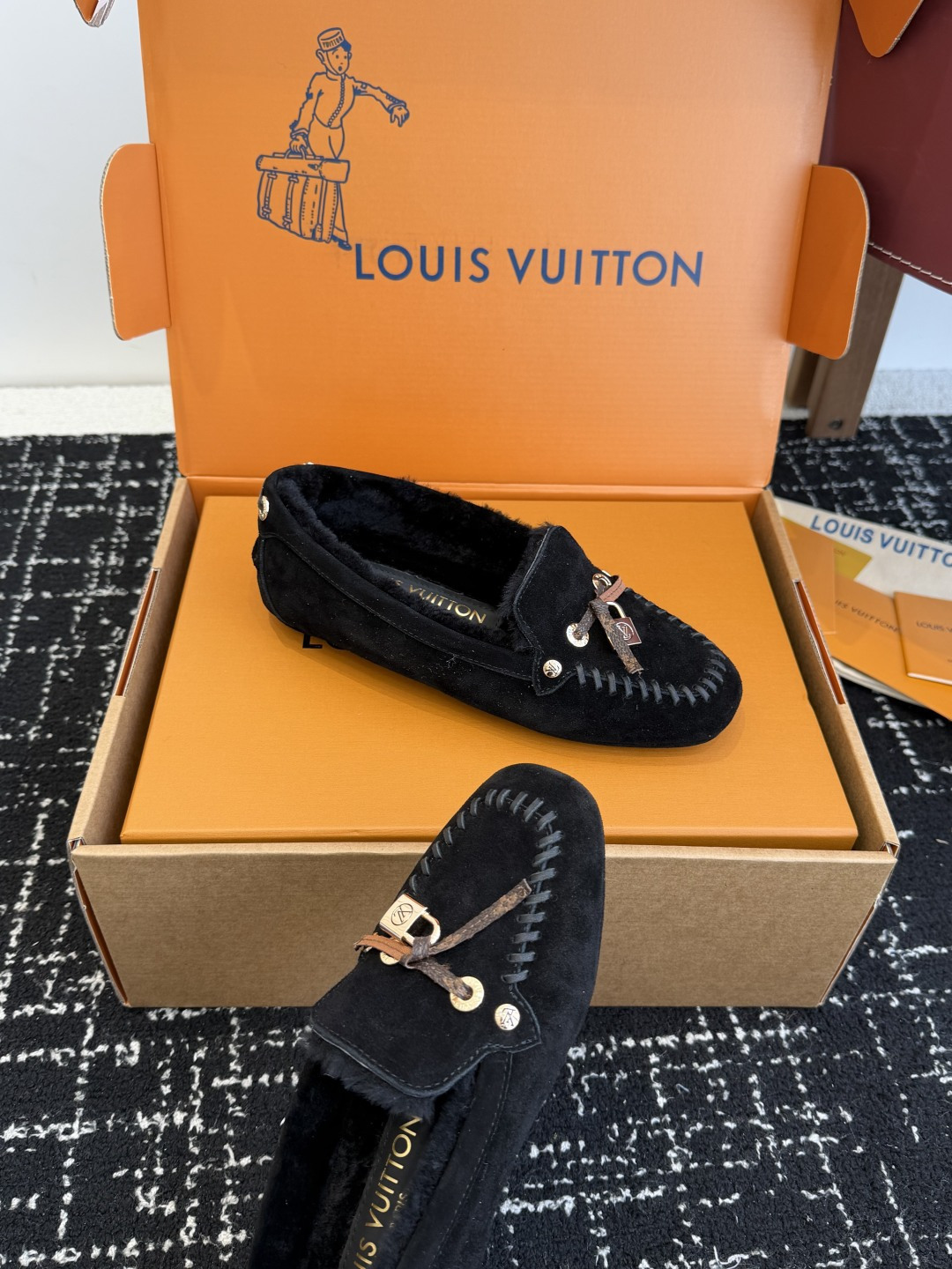 Louis Vuitton Black Suede Shearling Loafers with Gold Hardware