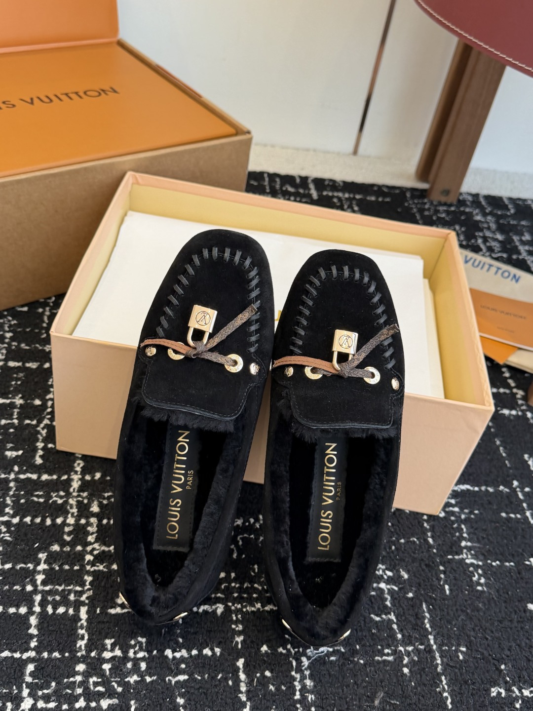 Louis Vuitton Black Suede Shearling Loafers with Gold Hardware