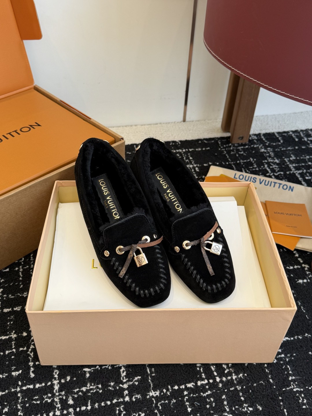 Louis Vuitton Black Suede Shearling Loafers with Gold Hardware