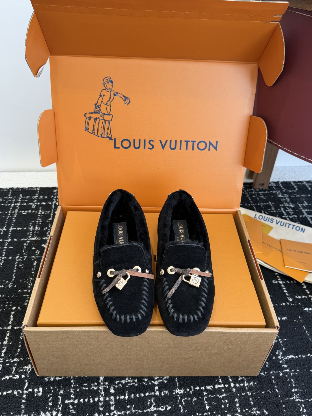 Louis Vuitton Black Suede Shearling Loafers with Gold Hardware
