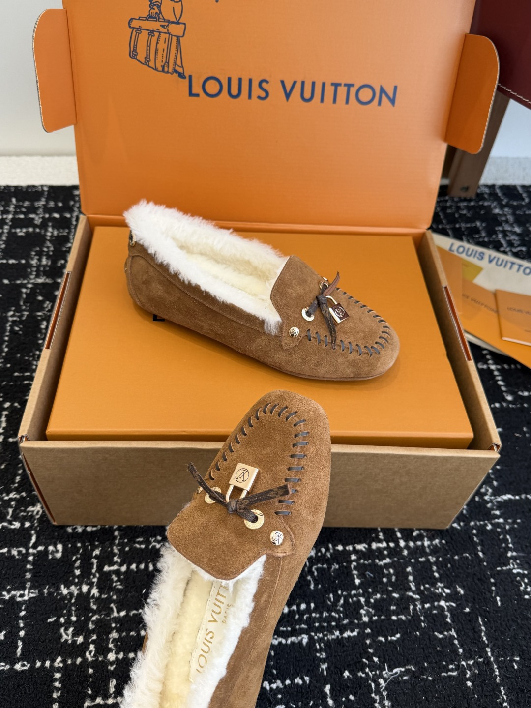 Louis Vuitton Brown Suede Shearling-Lined Moccasin Loafers