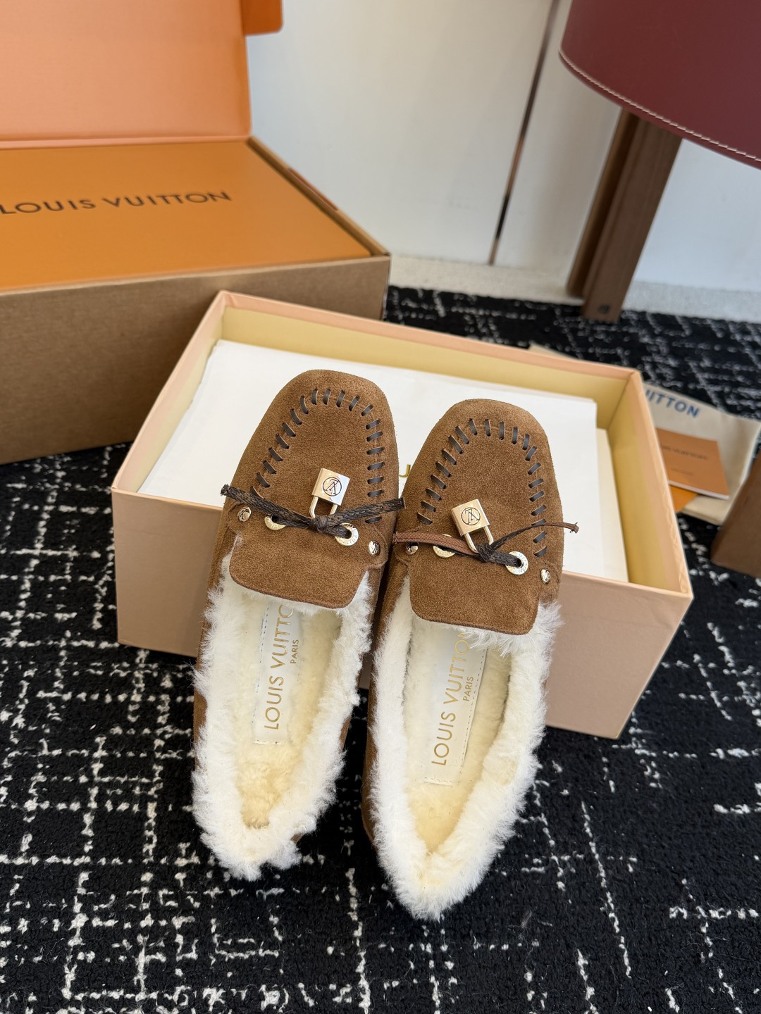 Louis Vuitton Brown Suede Shearling-Lined Moccasin Loafers