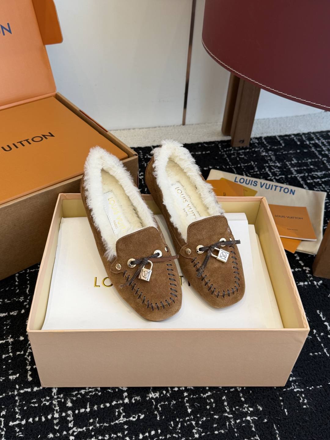 Louis Vuitton Brown Suede Shearling-Lined Moccasin Loafers