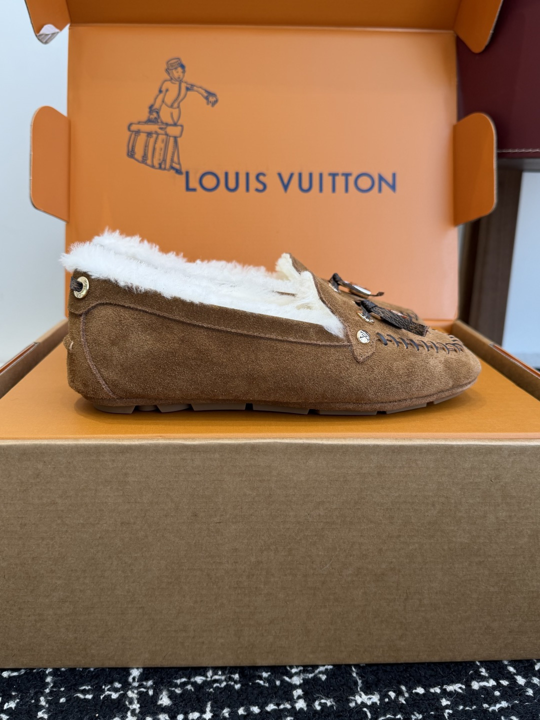 Louis Vuitton Brown Suede Shearling-Lined Moccasin Loafers
