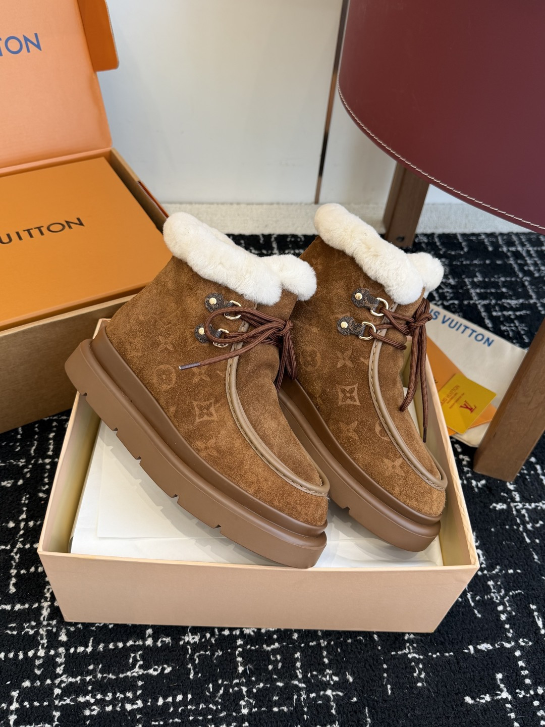 Louis Vuitton Women's Brown Suede Shearling-Lined Ankle Boots