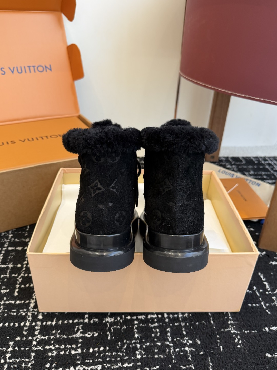 Louis Vuitton Aspen Ankle Boot Black Suede with Shearling Trim