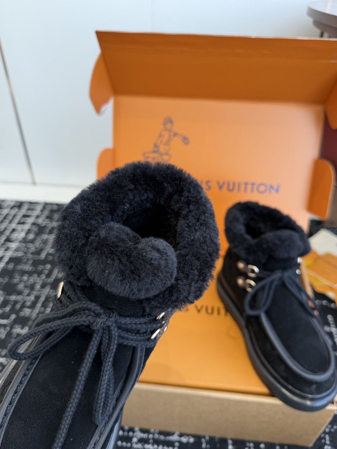 Louis Vuitton Aspen Ankle Boot Black Suede with Shearling Trim