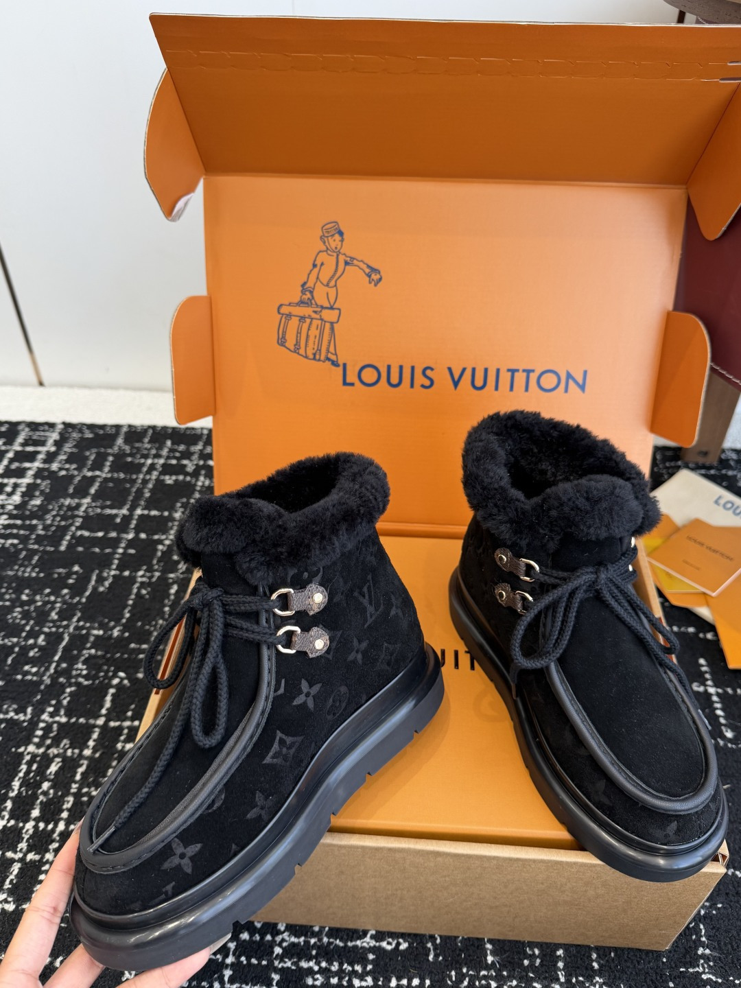 Louis Vuitton Aspen Ankle Boot Black Suede with Shearling Trim