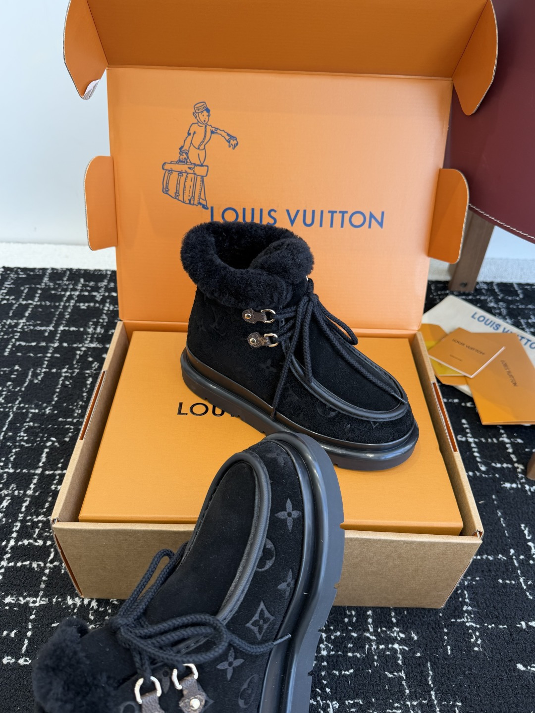 Louis Vuitton Aspen Ankle Boot Black Suede with Shearling Trim
