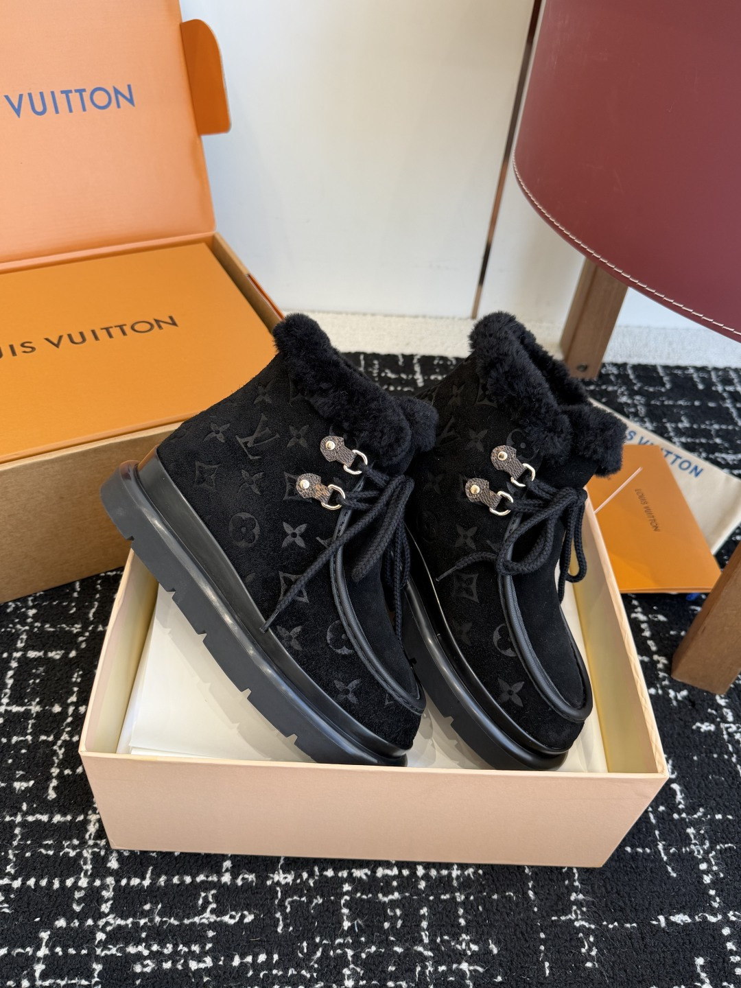 Louis Vuitton Aspen Ankle Boot Black Suede with Shearling Trim