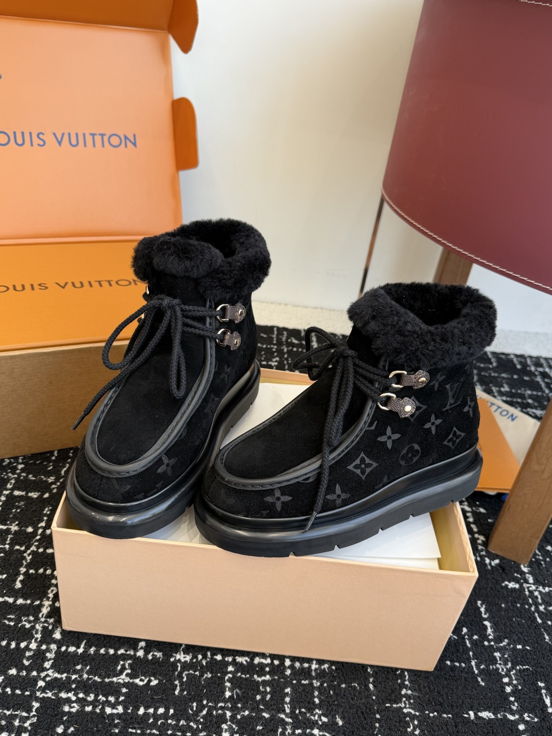 Louis Vuitton Aspen Ankle Boot Black Suede with Shearling Trim