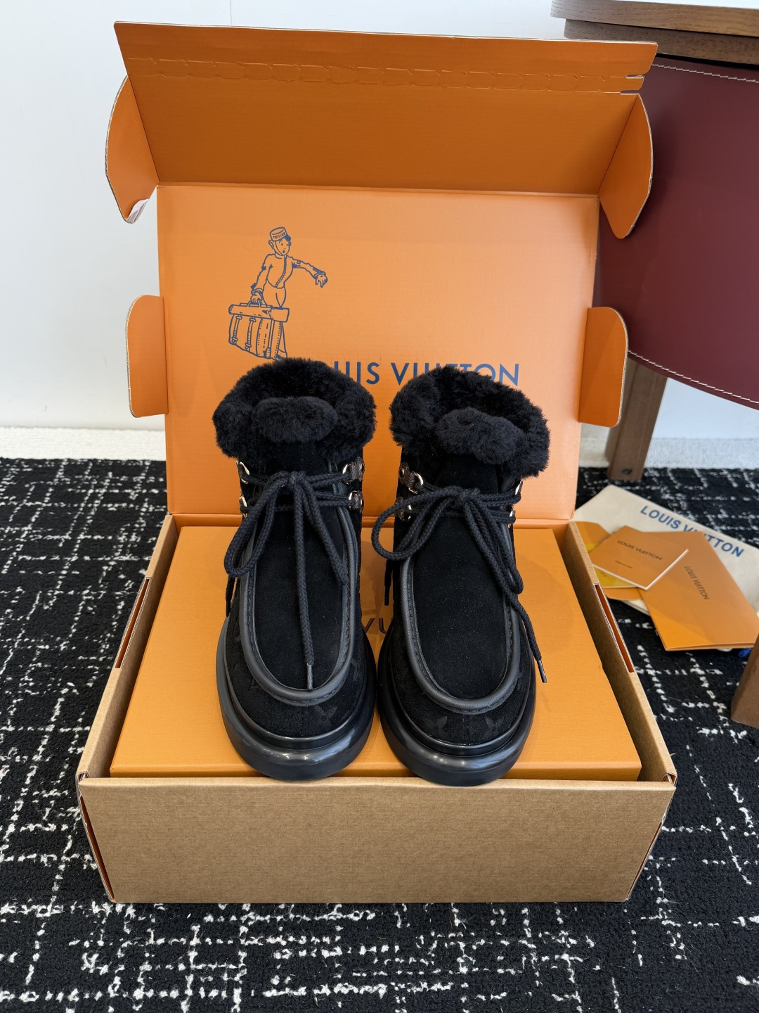 Louis Vuitton Aspen Ankle Boot Black Suede with Shearling Trim