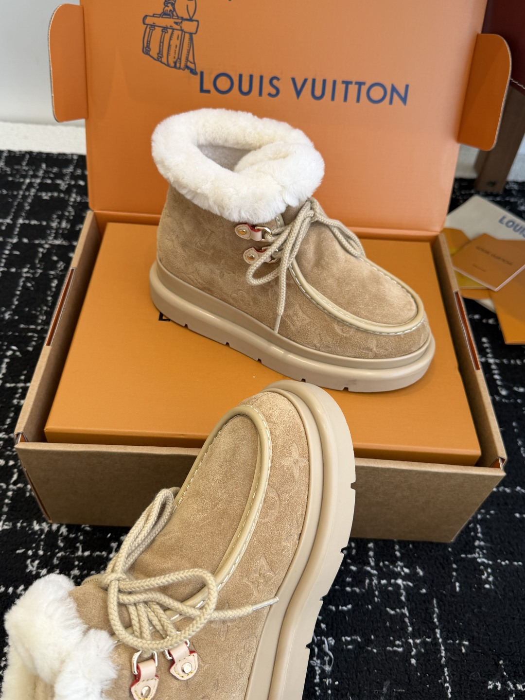 Louis Vuitton Beige Suede Shearling Boots - Luxury Winter Footwear