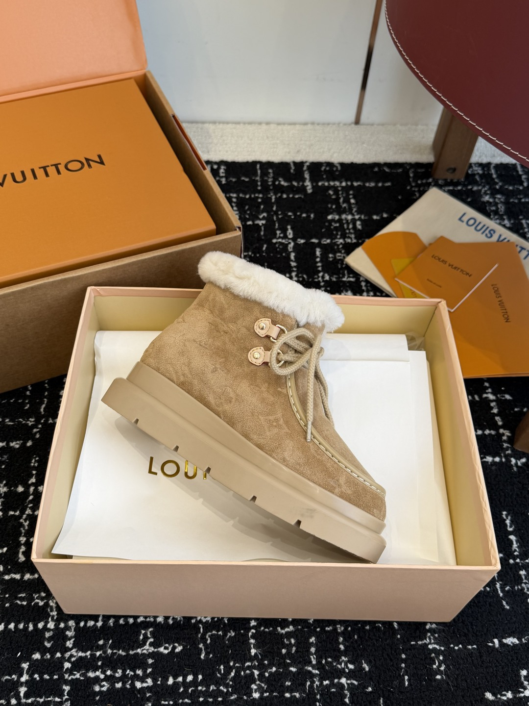 Louis Vuitton Beige Suede Shearling Boots - Luxury Winter Footwear