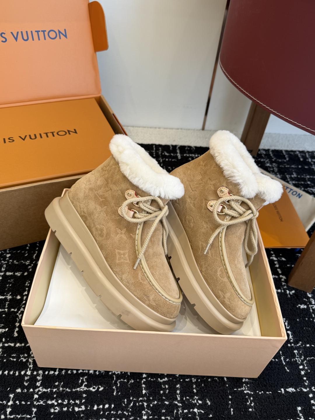 Louis Vuitton Beige Suede Shearling Boots - Luxury Winter Footwear