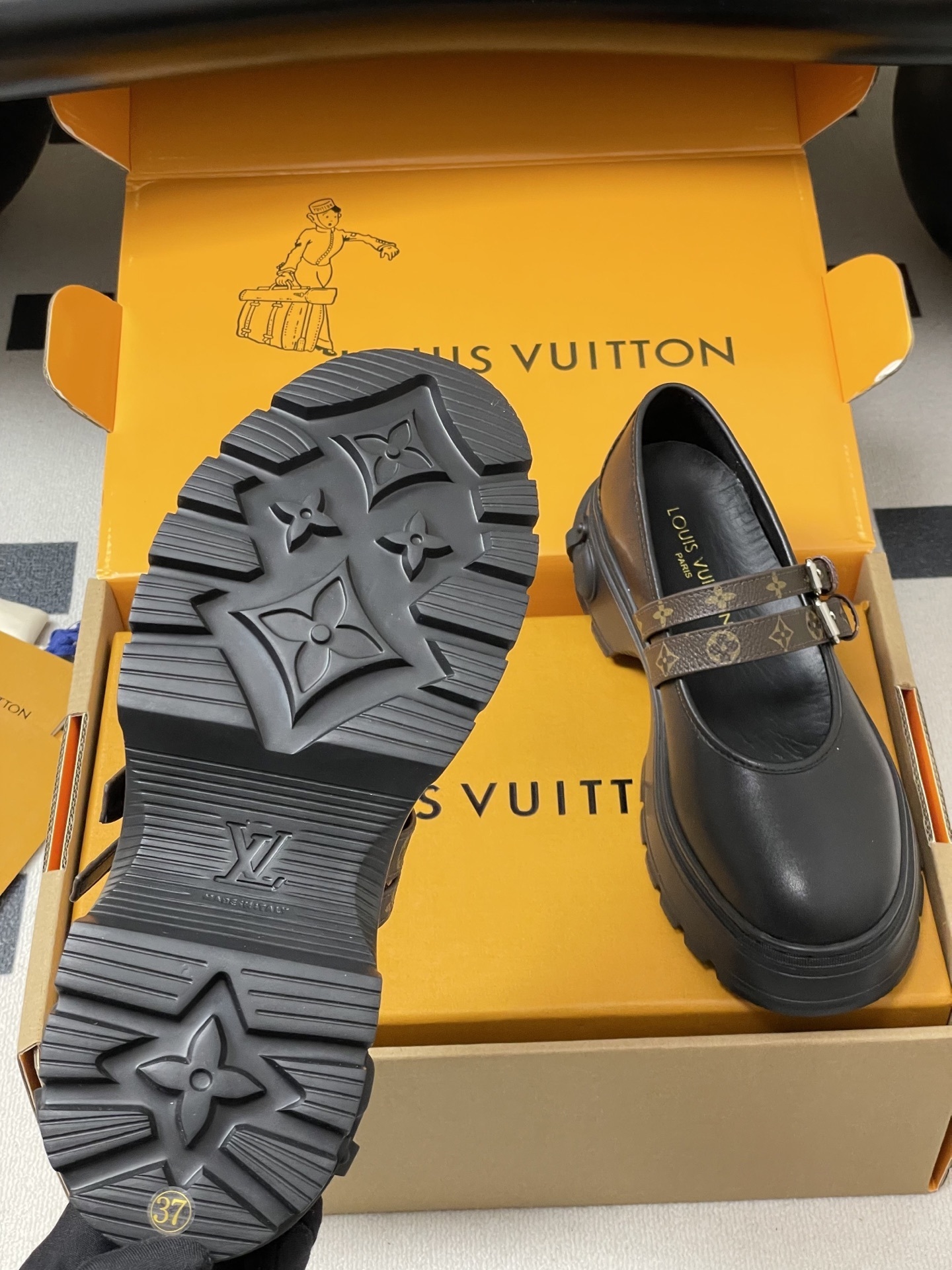 Women's Chunky Black Mary Jane Shoes with Monogram Canvas Straps