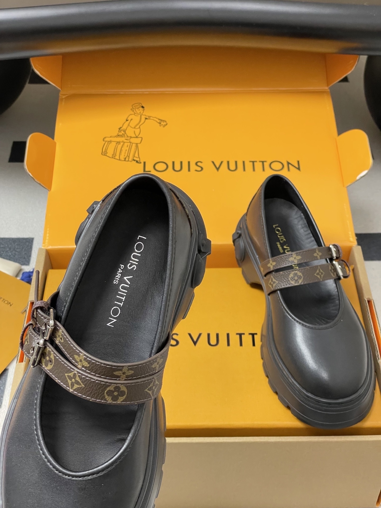 Women's Chunky Black Mary Jane Shoes with Monogram Canvas Straps