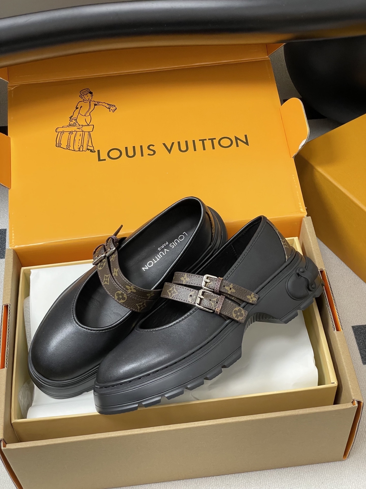 Women's Chunky Black Mary Jane Shoes with Monogram Canvas Straps