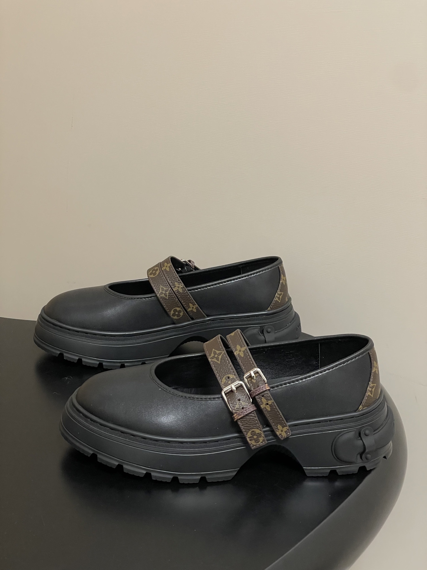 Women's Chunky Black Mary Jane Shoes with Monogram Canvas Straps